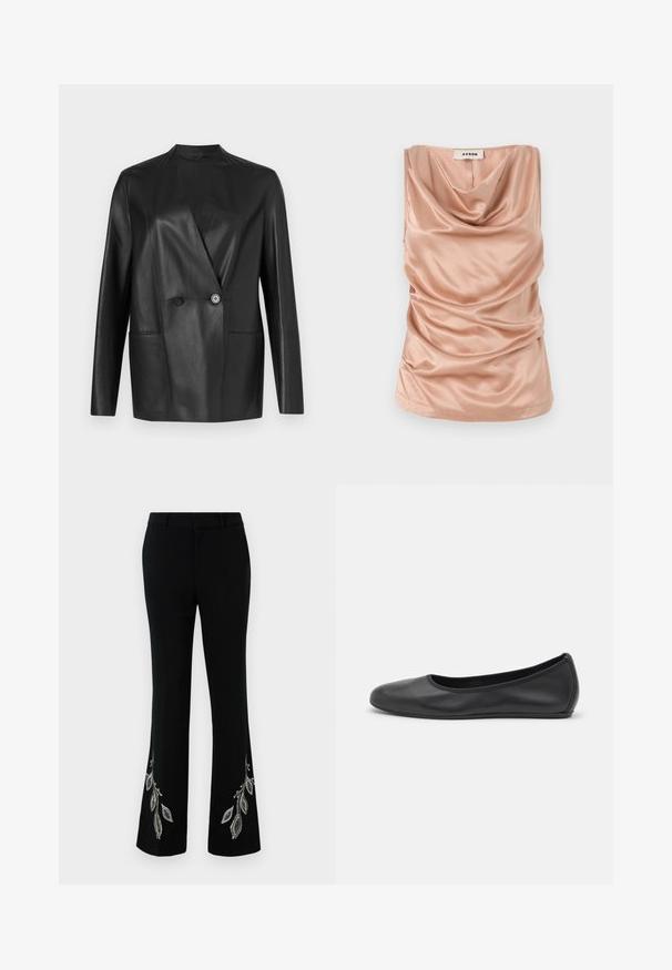 Zwarte leren blazer met een gestructureerd ontwerp, slank kraagje, dubbele knoopsluiting en twee voorzakken. Soepele, matte textuur.; Mouwloze top met col in zachte, lichtroze satijnen stof, met geplooide details aan de zijkanten en een rechte zoom. Voorzien van een rits aan de achterkant.; Zwarte uitlopende broek met geborduurde zilveren bladdesigns bij de zoom. Gemaakt van gladde stof met een gestructureerde tailleband en een slanke pasvorm.; Zwarte leren ballerina met een ronde neus, gladde textuur, minimale stikdetails en een flexibele zoolontwerp.