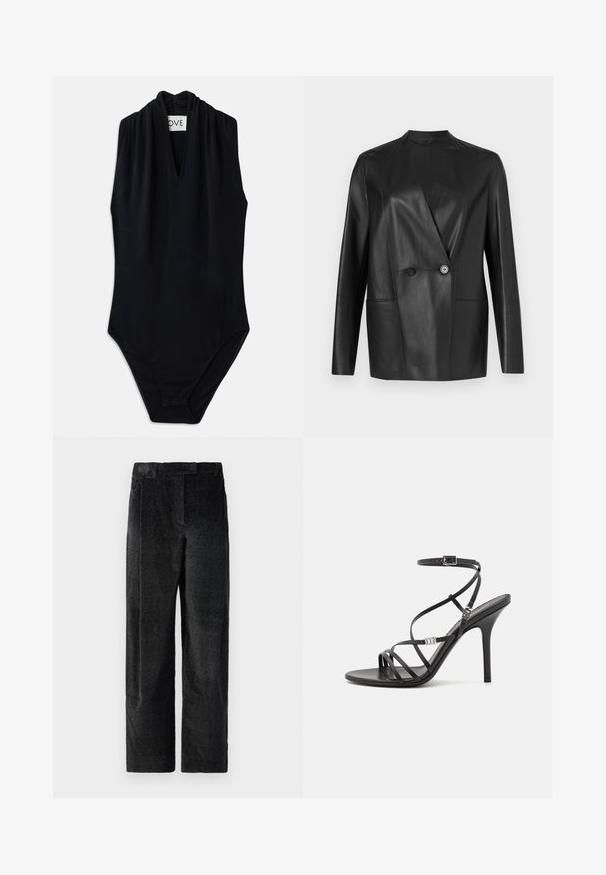 Blazer en cuir noir au design structuré, col cranté, fermeture à double bouton et deux poches avant. Texture lisse et mate.; Bodysuit sans manches noir avec un décolleté en V profond et des détails froncés au col. Fabriqué en tissu lisse et extensible. Design minimaliste.; Pantalons larges noirs texturés avec un tissage prononcé, dotés de plis à l'avant et d'une taille plate. Design classique pour la polyvalence.; Sandale noire à talons hauts avec des brides fines, une boucle à la cheville, une surface en cuir lisse et un talon aiguille élancé.