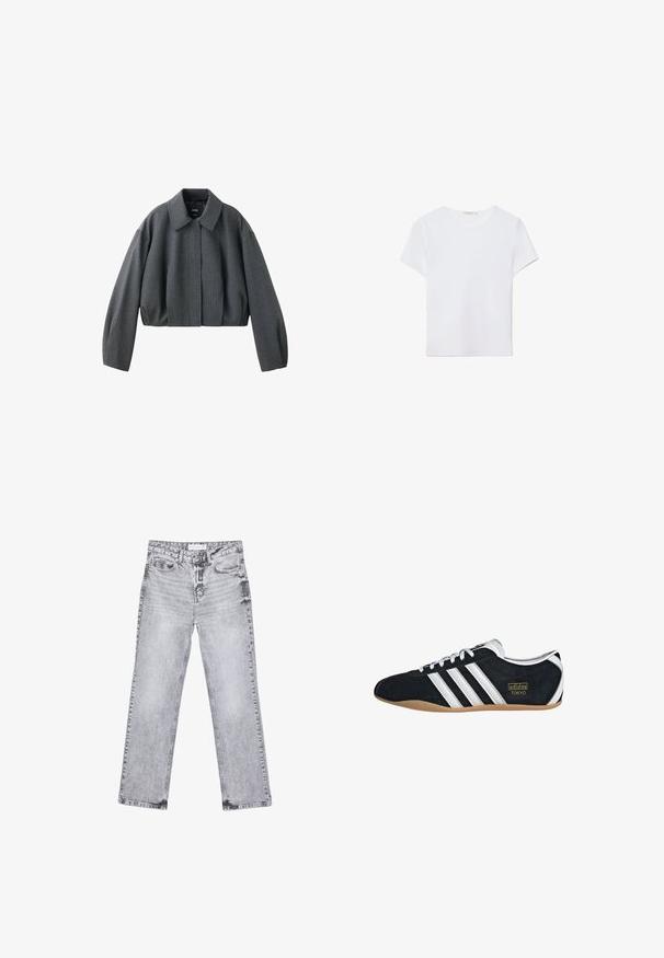 Veste courte gris foncé avec manches longues, large col et fermeture avant cachée, en tissu texturé.; T-shirt blanc à manches courtes en tissu doux. Dispose d'un col rond et d'un design simple et épuré avec un ourlet droit.; Jean en denim gris avec une coupe droite, des détails déchirés, cinq poches et des rivets en cuivre. La ceinture présente une étiquette de logo.; Sneakers en suede noir avec trois bandes blanches, logo doré et semelle en caoutchouc marron. Présente un design à lacets à profil bas.