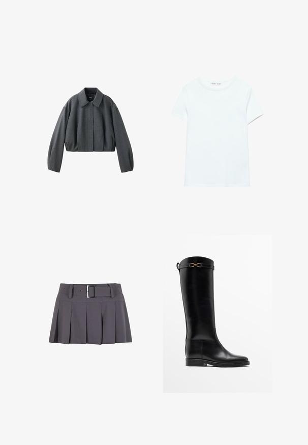 Veste courte gris foncé avec manches longues, large col et fermeture avant cachée, en tissu texturé.; T-shirt blanc uni en coton à manches courtes, col rond, présenté à plat sur un fond blanc, sans motifs ni logos visibles.; Jupe mini plissée grise avec une texture lisse, dotée d'une large ceinture, de passants de ceinture et d'un détail de boucle rectangulaire en argent.; Botte haute en cuir noir avec un petit talon et un détail de boucle dorée près du haut, montrée de profil sur fond blanc.