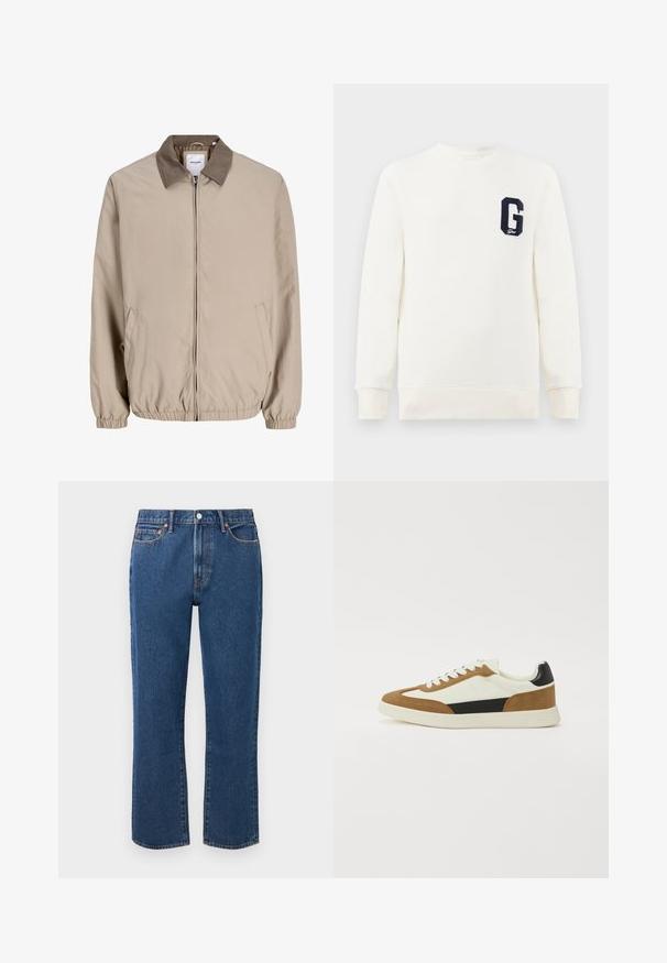 Beige lynlåsjakke med elastiske manchetter og kant, kontrasterende brun krave og sidelommer.; Hvid sweatshirt med rund halsudskæring, ribbede manchetter og kant, med et marineblåt broderet bogstav "G" på venstre bryst.; Blå straight-leg jeans lavet af denim, med knaplukning, fem lommer og kontrasterende orange stikninger.; Sko i en blanding af hvide, brune og sorte materialer, med et design i ruskind og læder, rund tå og en flad gummisål.
