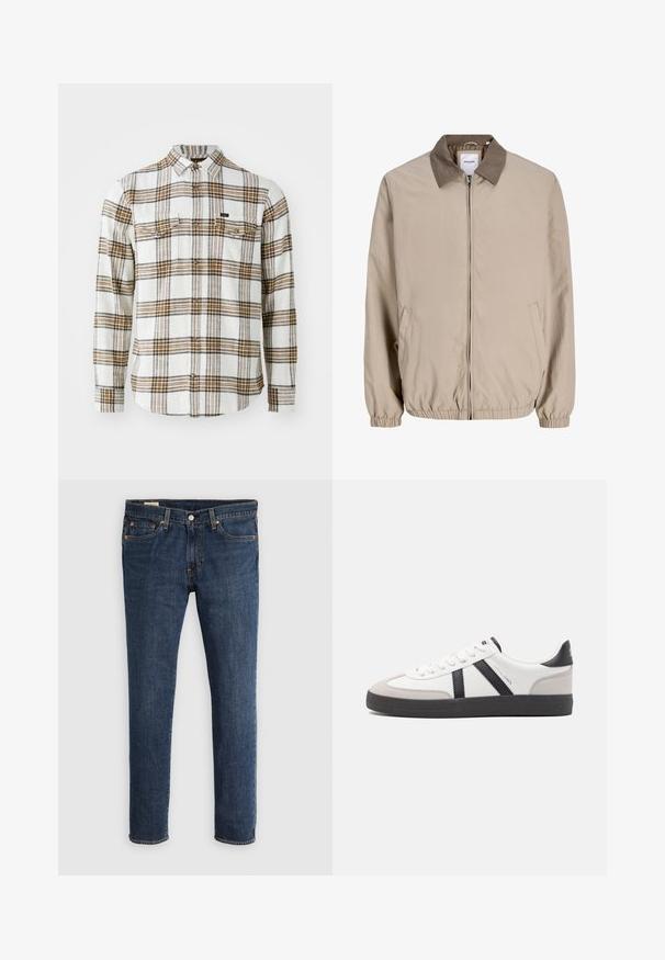 Beige lynlåsjakke med elastiske manchetter og kant, kontrasterende brun krave og sidelommer.; Lee CLEAN WESTERN - Skjorter - ecru ochre plaid; Mørkeblå denimjeans med lige ben. Kjennetegn inkluderer lynlås, fem lommer og kontrasterende orange syninger.; Hvide sneakers med sorte og grå detaljer, med en tekstureret grå tåhætte, sort gummisål og flade hvide snørebånd. Rent design, minimalistisk stil.