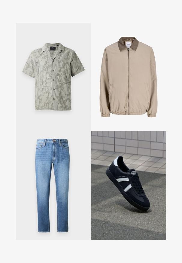 Beige jas met rits, elastische manchetten en zoom, contrasterende bruine kraag en zijzakken.; Korte mouwen lichtgrijze shirt met geborduurde bloemenpatronen, een camp collar en een knoopsluiting met grijze knopen.; Lichtblauwe denim jeans met een rechte pasvorm, vijfzakkenontwerp en een tailleband met knoop- en ritssluiting. Gladde textuur.; Zwarte leren sneaker met witte strepen, een gestructureerde rubberen zool en vetersluiting aan de voorkant. Voorzien van een merklabel op de tong.