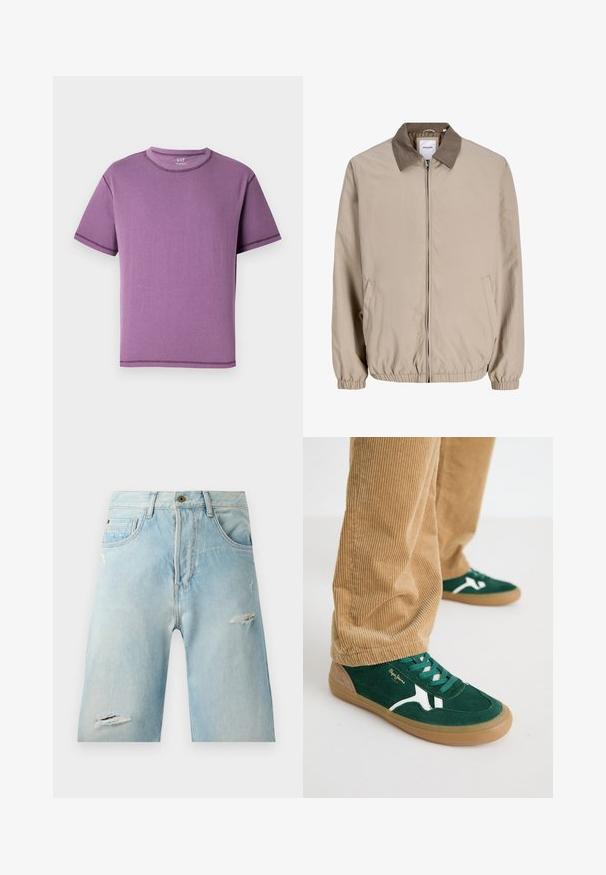 Chaqueta beige con cremallera, puños y dobladillo elásticos, cuello marrón contrastante y bolsillos laterales.; Camiseta de manga corta morada hecha de algodón suave, con cuello redondo y costuras en contraste a lo largo de las costuras.; Pantalones cortos de mezclilla azul claro con un corte relajado, que presentan detalles desgastados, bolsillos laterales y un solo cierre con botón en la parte superior.; Zapatillas de ante verde con detalles en blanco y cordones verdes. Suela de goma, puntera redondeada y detalles en color marrón en el talón. Combinadas con pantalones de pana.