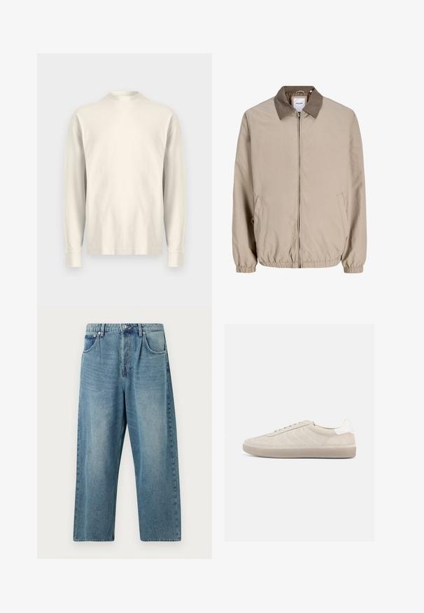 Beige jas met rits, elastische manchetten en zoom, contrasterende bruine kraag en zijzakken.; Langsleeve, shirt met hoge kraag van lichtroom katoen. Gladde textuur, relaxed fit, minimalistisch ontwerp, geen zichtbare patronen of accenten.; Lichtblauwe denim jeans met een rechte pijp, voorzien van een knopenfly, twee voorzakken en een klassieke vervaagde textuur.; Beige suède sneaker met een gestructureerd bovenwerk, een gladde witte hielkap, dunne veters en een rubberen buitenzool. Heeft een slank, laag profiel.