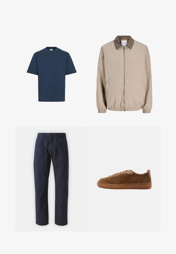 Beige jas met rits, elastische manchetten en zoom, contrasterende bruine kraag en zijzakken.; Marineblauwe katoenen t-shirt met een ronde hals, korte mouwen en een rechte zoom. Beschikt over een klein merkje aan de onderkant aan de linkerzijde.; Navyblauwe katoenen broek met een rechte pijp, een knoopsluiting aan de voorkant en riemlussen. Glad textuur en een minimalistisch ontwerp.; Bruine suède lage sneaker met bijpassende veters en een rubberen zool, getoond vanaf de buitenkant tegen een effen achtergrond.