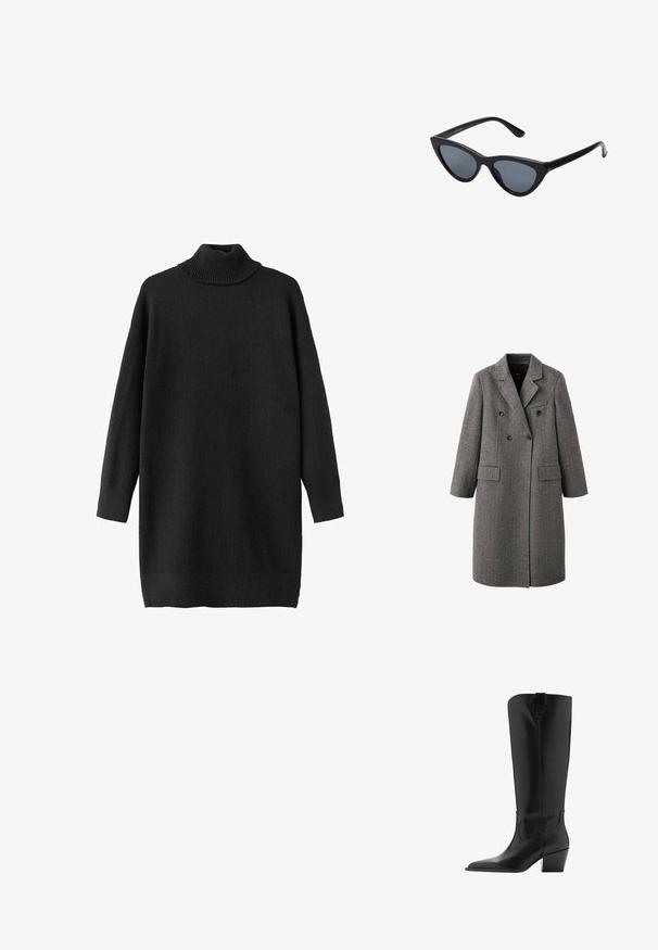 Long manteau gris en laine à double boutonnage avec revers à cran, deux poches à rabat et une poche poitrine passepoilée, conçu pour le temps froid.; Un pull à col roulé noir en doux tricot texturé. Il possède une coupe ample et des manches longues, avec des accents côtelés au col et à l'ourlet.; Botte haute en cuir noir avec bout pointu et talon médian incliné, avec une languette de tirage en haut de la tige.; Lunettes de soleil noires en forme d'œil de chat avec des verres gris foncé, monture en plastique élégante, coins pointus et branches droites. Pas de métal visible ni d'accents.