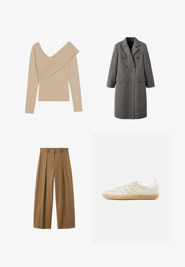 Lange grijze wollen double-breasted jas met inkeping revers, twee klepzakken en een borstzak met bies, ontworpen voor koud weer.; Even&Odd by Zalando Trui - mottled beige; Brunette hoge taille wijde broek met subtiele krijtstrepen, plooien aan de voorkant, lussen voor een riem en een verborgen rits aan de voorkant.; Witte lage sneaker met gestructureerde geweven stof, beige leren strepen en een buitenzool van gums rubber, weergegeven vanuit de buitenzijde op een effen achtergrond.