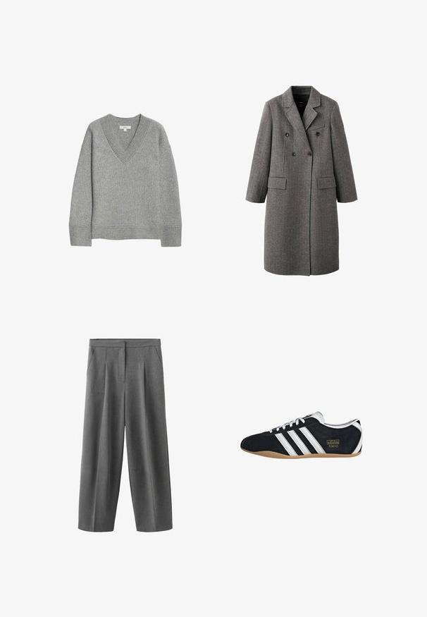 Long manteau gris en laine à double boutonnage avec revers à cran, deux poches à rabat et une poche poitrine passepoilée, conçu pour le temps froid.; Pull gris à côtes avec un col en V, manches longues et ourlet droit. Fabriqué en matériau doux, avec une texture et des détails subtils.; Pantalon gris à jambes larges avec plis à l'avant, poches latérales et taille haute, confectionné dans un tissu à texture lisse.; Sneakers en suede noir avec trois bandes blanches, logo doré et semelle en caoutchouc marron. Présente un design à lacets à profil bas.