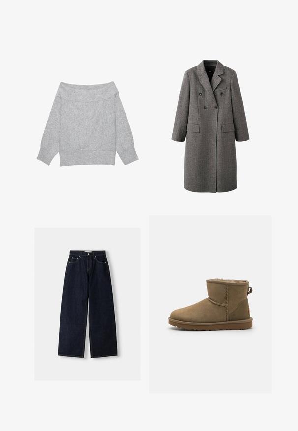 Long manteau gris en laine à double boutonnage avec revers à cran, deux poches à rabat et une poche poitrine passepoilée, conçu pour le temps froid.; Pull gris clair en maille, à épaules dénudées, manches longues avec poignets et ourlet côtelés, posé à plat sur un fond blanc.; Jean large en denim bleu foncé à taille haute, avec cinq poches, des coutures contrastées et des éléments en métal argenté. Texture lisse et finition soignée.; Bottines en daim marron avec une doublure douce et pelucheuse, bout rond et un accent en boucle à l'arrière. Semelle en caoutchouc plate avec grip texturé.