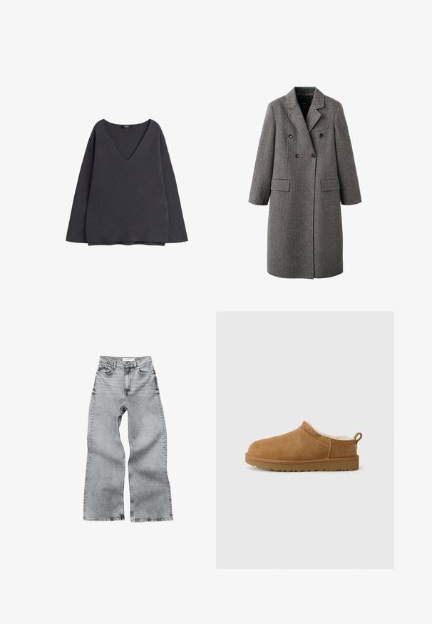 Lang grå uld dobbeltbreasted frakke med hakreverser, to klaplommer og en brystlomme med kant, designet til koldt vejr.; Mørkegrå sweatshirt med dyb V-udskæring, lange ærmer og en afslappet pasform. Lavet af blødt stof med en glat tekstur og uden synlige mønstre.; Lysegrå denim bredbenede jeans med høj talje, fem lommer og synlige sømme. Stoffet har en tekstureret overflade og lige skæring.; Brune ruskind slip-on sko med blødt, hvidt pelsfor, flad gummisål, rund tå og lille trækstrop ved hælen.