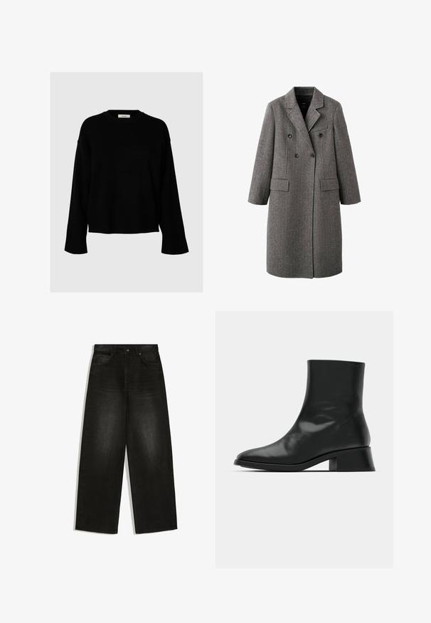 Lang grå uld dobbeltbreasted frakke med hakreverser, to klaplommer og en brystlomme med kant, designet til koldt vejr.; Sort sweater med løs pasform, lange ærmer, rund halsudskæring og ribstrikkede manchetter, lavet af blødt, tekstureret stof.; Sorte jeans med vidde ben, frontknap og lynlås, bæltestropper og klassisk femlommersdesign.; Sort ankelstøvle lavet af blank læder, med et strømlinet design, spids tå og en moderat blokhælhøjde for stabilitet.