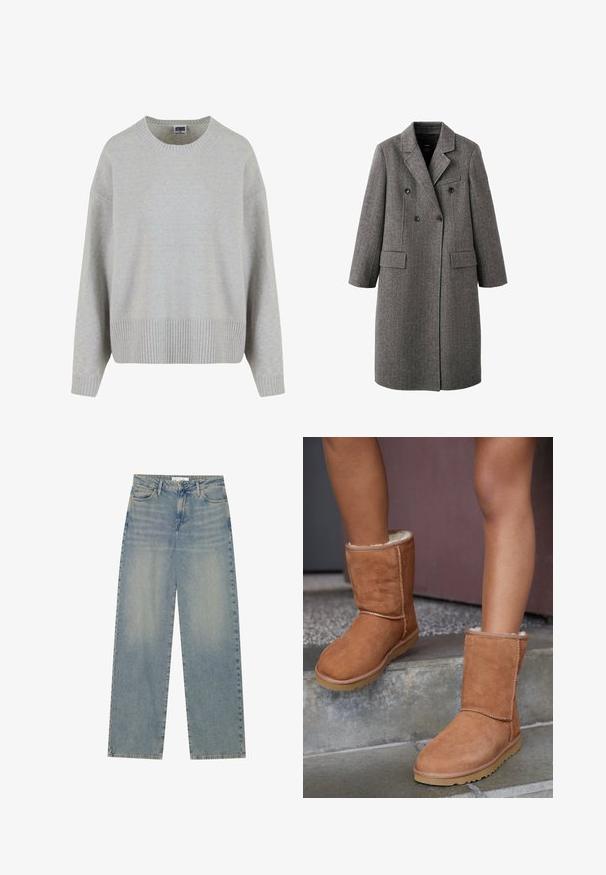 Abrigo largo gris de lana con doble botonadura, solapas con muesca, dos bolsillos con solapa y un bolsillo de ojal en el pecho, diseñado para clima frío.; Suéter de punto gris claro con cuello redondo, hombros caídos y dobladillo acanalado. Textura suave y corte relajado.; Vaqueros de mezclilla de pierna recta de tiro alto en azul claro, con bolsillos frontales, trabillas para el cinturón y cierre de botón y cremallera visible.; Botas de tobillo de ante marrón con punta redonda, forro suave y suela de goma, con detalles de costura visibles a lo largo de las costuras.