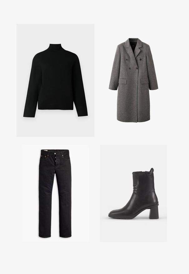 Lang grå uld dobbeltbreasted frakke med hakreverser, to klaplommer og en brystlomme med kant, designet til koldt vejr.; Sort turtleneck trøje lavet af blødt strikstof, der har lange ærmer og en afslappet pasform. Glat tekstur uden synlige mønstre eller accenter.; Sorte denimjeans med lige pasform, fem lomme-design og knaplukning. Har kobbernitter og syningsdetaljer.; Sort læder ankelstøvle med rund tå, teksturerede sidepaneler og en kraftig blokhæl. Glat overflade og minimalistisk design.