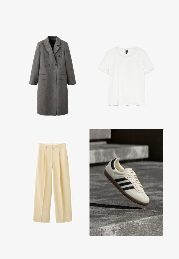Long manteau gris en laine à double boutonnage avec revers à cran, deux poches à rabat et une poche poitrine passepoilée, conçu pour le temps froid.; T-shirt blanc à manches courtes avec un col rond, fabriqué en tissu léger. Design simple, texture lisse et ourlet droit.; Pantalon beige taille haute à jambes larges avec plis sur le devant, passants pour ceinture et fermeture éclair dissimulée.; Baskets blanches Adidas Samba avec des bandes noires et une semelle en gomme, flottant au-dessus de marches en béton gris texturé.