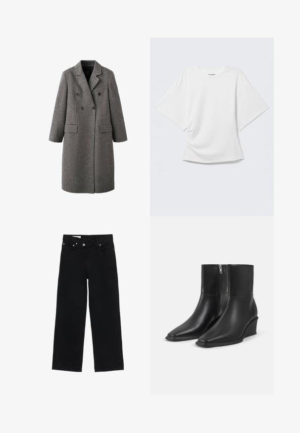 Lange grijze wollen double-breasted jas met inkeping revers, twee klepzakken en een borstzak met bies, ontworpen voor koud weer.; Wit oversized T-shirt met korte mouwen en ronde hals, weergegeven op een lichtgrijze achtergrond.; Zwarte high-waist wijde pijpen jeans met voorste knoop- en ritssluiting, riemlussen en vijf zakken op een witte achtergrond.; Een paar zwarte leren enkellaarsjes met puntige neuzen, sleehakken en zijritssluitingen op een effen lichte achtergrond.