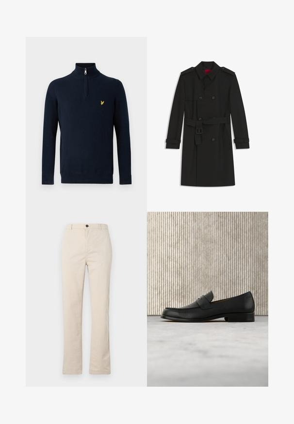 Zwarte dubbelgeknoopte trenchcoat met tailleceintuur, schouderepauletten en gespbanden op de manchetten, plat gelegd op een witte achtergrond.; Navyblauwe pullover met een halve rits bij de kraag, gemaakt van gladde stof; heeft een klein geel geborduurd logo op de borst.; Lichtbeige katoenen broek met een rechte pijpdesign, voorzien van een knoopsluiting aan de voorkant, een ritssluiting en minimale stikdetails.; Zwarte leren loafer zweeft boven een beige tapijt met op de achtergrond een glanzende, ronde, bruine tafel.