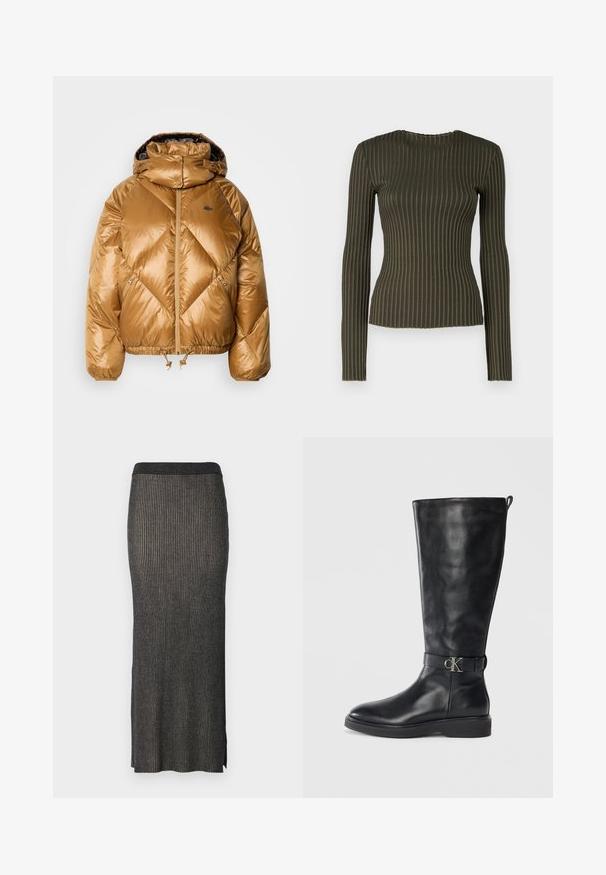 Veste rembourrée de couleur brun doré avec capuche, texture matelassée en losanges, fermeture éclair à l'avant, ourlet ajustable et logo brodé sur la poitrine.; Haut à manches longues côtelé vert olive avec un col rond, présentant un design ajusté et une légère texture en vagues le long des bords.; Jupe midi en tricot gris foncé avec des côtes verticales, une silhouette ajustée et des fentes à l'ourlet pour plus de liberté de mouvement. Tissu doux et texturé.; Botte noire en cuir montante jusqu'au genou avec un petit talon, bout rond et une sangle à boucle métallique avec le logo "CK" autour de la cheville.