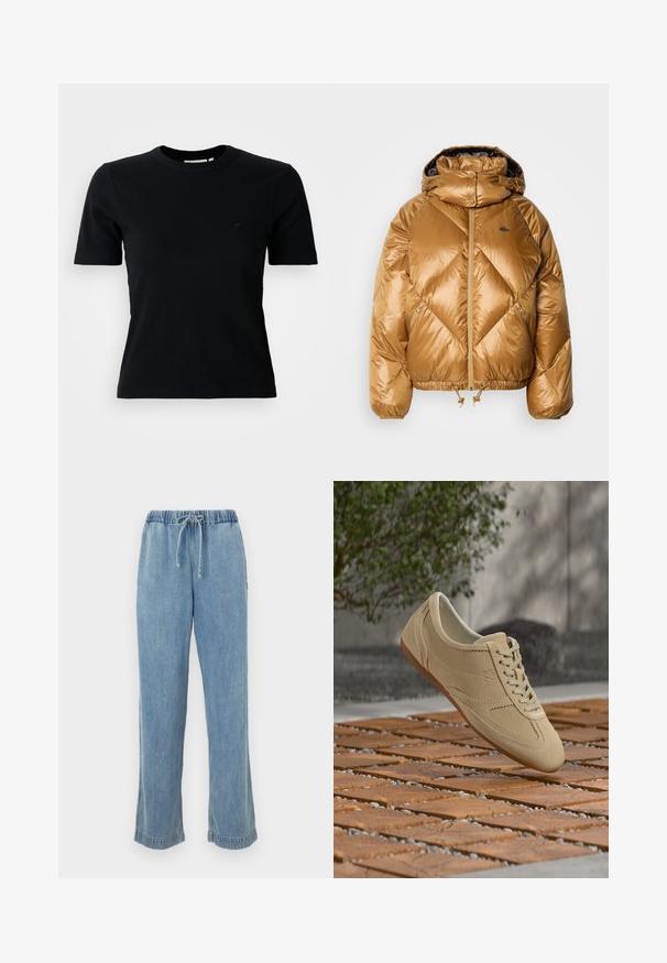 Veste rembourrée de couleur brun doré avec capuche, texture matelassée en losanges, fermeture éclair à l'avant, ourlet ajustable et logo brodé sur la poitrine.; T-shirt noir à manches courtes à côtes et col rond ; arbore un logo subtil sur la poitrine ; fabriqué en tissu doux et texturé.; Pantalon en denim bleu clair avec une taille élastique, un cordon de serrage et des ourlets retroussés. Design à jambes droites avec une coupe décontractée.; Baskets en daim beige à lacets flottant au-dessus d'un sol en carrelage en bois, avec de la verdure et un mur gris en arrière-plan.