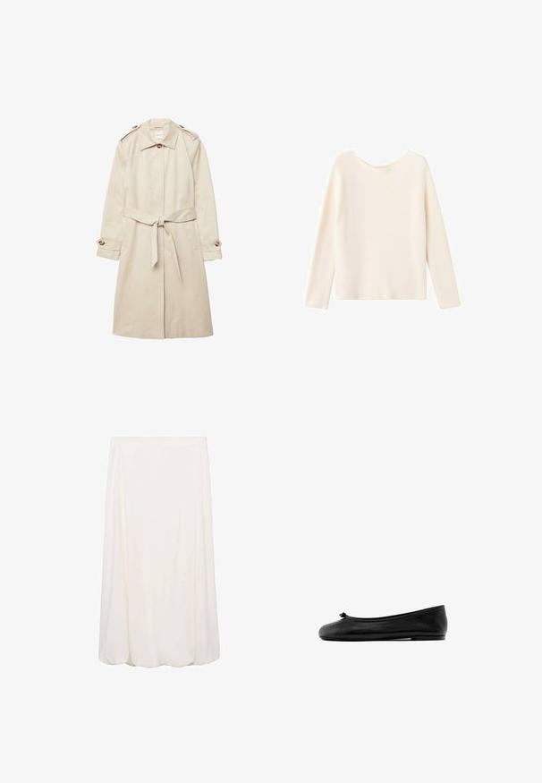 Trench-coat beige longueur genou avec ceinture à nouer, col boutonné, épaulettes et poignets boutonnés, posé à plat sur fond blanc.; Pull tricot couleur crème à manches longues et col rond, présenté sur un fond blanc.; Jupe blanche mi-longue avec un design fluide et une texture douce. Style simple sans motifs visibles ni détails en métal.; Ballerine en cuir noir avec un petit nœud sur l'embout arrondi et un talon plat bas sur fond blanc.