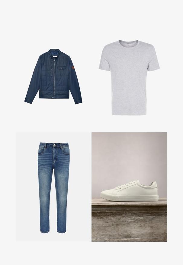 Navyblaue isolierte Jacke mit Reißverschluss, geripptem Kragen, Brusttasche und Logodetail am Ärmel. Glatte Textur und gepolstertes Design.; Graues Baumwoll-T-Shirt mit Rundhalsausschnitt, kurzärmlig und schlichtem Design, das eine weiche, glatte Textur aufweist und keine sichtbaren Muster oder Verzierungen hat.; Blaue gerade geschnittene Jeans mit vorderer Knopfleiste und Reißverschluss, Gürtelschlaufen sowie Vorder- und Gesäßtaschen.; Weiße Schnürsneaker, die über einer Holzbank mit grünem Laub im Hintergrund schweben und das Schuhdesign sowie die Textur zeigen.
