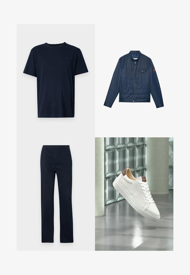 Chaqueta acolchada azul marino con cierre de cremallera, cuello acanalado, bolsillo en el pecho y detalle de logo en la manga. Textura suave y diseño acolchado.; Camiseta de manga corta azul marino hecha de tela suave, con cuello redondo, con un pequeño logo y el año "1962" impreso en el pecho.; Pantalones azul marino de algodón, con un diseño de pierna recta, cierre de botón frontal y sin patrones ni acentos visibles.; Zapatilla de piel blanca con detalles marrones y cordones blancos flotando sobre un suelo de hormigón brillante con ventanas de bloques de vidrio al fondo.