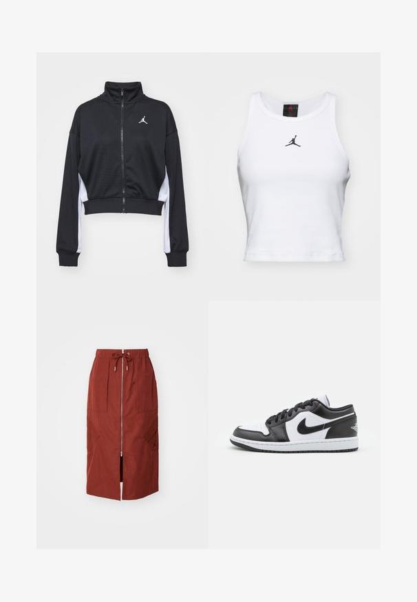 Čierna skrátená bunda na zips z hladkej látky s dlhými rukávmi, vysokým golierom, bielymi bočnými akcentmi a malým logom na hrudi.; Biely crop tank top vyrobený z bavlny s rebrovanou textúrou. Obsahuje čierne logo Jordan v strede a klasický okrúhly výstrih.; Sukňa strednej dĺžky v terakotovo červenej farbe, s predným zipsom, elastickým pásom so šnúrkou a bočnými vreckami s geometrickým dizajnom.; Čierno-biele nízke tenisky Nike majú hladký kožený zvršok, okrúlu špičku, šnurovacie zapínanie a vzorovanú gumovú podrážku.