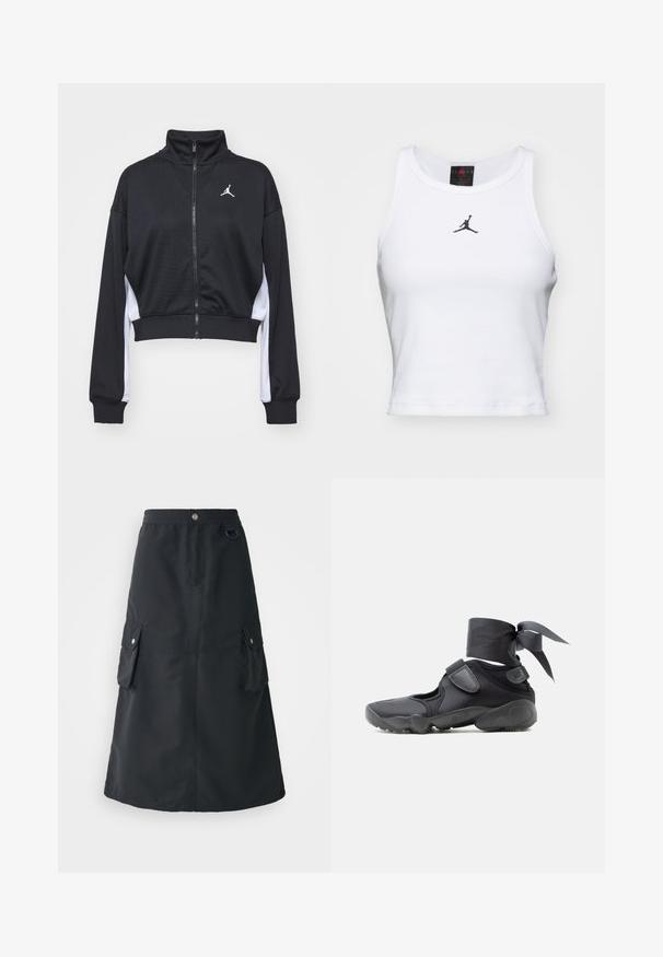Schwarze, kurz geschnittene Reißverschlussjacke aus glattem Stoff mit langen Ärmeln, hohem Kragen, weißen Seitenakzenten und kleinem Logo auf der Brust.; Weißes Crop-Top aus Baumwolle mit geripptem Struktur. Verfügt über ein schwarzes Jordan-Logo in der Mitte und einen klassischen Rundhalsausschnitt.; Schwarzer Mid-Calf-Rock aus leichtem Stoff, mit elastischem Bund, zwei Cargo-Taschen und einem dezenten Glanz.; Schwarzer Sportschuh mit Aussparungen, Klettverschlüssen und einer um den Knöchel gebundenen Schleife, von der Seite auf weißem Hintergrund gezeigt.