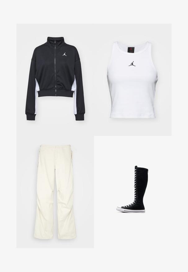 Mustast siledast kangast lühendatud lukuga jakk, millel on pikad varrukad, kõrge krae, valged küljeaccendid ja väike logo rinnal.; Valge lühike puuvillane tank top ribakangast. Keskel on must Jordan'i logo ja klassikaline ümar kaelus.; BDG Urban Outfitters BAGGY - Püksid - cream; Mustad mustad ketsid, millel on pikk disain, valmistatud kanvasest. Omavad valgeid paelu, õmblusi ja kummist tallat, millel on varbapatja kate.