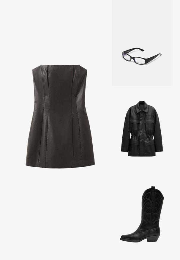 Veste noire en cuir synthétique avec manches longues, quatre poches à rabat sur le devant, taille cintrée et col classique.; Robe noire en cuir sans bretelles avec un corsage ajusté, des plis et une texture lisse. Présente un décolleté droit et une jupe évasée.; Botte de cowboy en cuir noir avec un bout pointu, un talon empilé et des coutures décoratives sur la tige. Texture lisse avec une finition mate.; Des lunettes rectangulaires noires avec des verres transparents. Fini brillant, branches étroites et teinte violette visible sur les bords des verres.