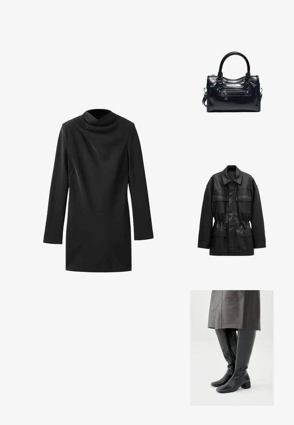 Schwarze Jacke aus Kunstleder mit langen Ärmeln, vier vorderen Klappentaschen, tailliertem Schnitt und klassischem Kragen.; Schwarzes langärmliges Kleid mit einem Cowl-Ausschnitt, mit glatter Oberfläche und taillierter Silhouette, aus leichtem Stoff gefertigt.; Kniehohe schwarze Lederstiefel mit quadratischer Zehenpartie, schrägem Blockabsatz und seitlichem Reißverschluss; glatte Textur und körperbetontes Design.; Schwarze glänzende Lederhandtasche mit zwei Griffen, vorderer Reißverschlusstasche und abnehmbarem Schulterriemen auf weißem Hintergrund.