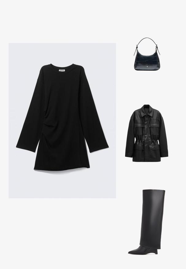 Sort jakke af imiteret læder med lange ærmer, fire lommer med klap foran, en indsnøret talje og en klassisk krave.; Sort langærmet T-shirt med rund hals, afslappet pasform og let sammenrynkning på den ene side, vist fladt mod en lysegrå baggrund.; Sort knælang støvle lavet af glat læder, med spids tå og trekantet hæl. Designet med en strømlinet, glat overdel.; Sort læder skuldertaske med krokodilletekstur og sølvspænde, med justerbar strop med kædetaljer på hvid baggrund.