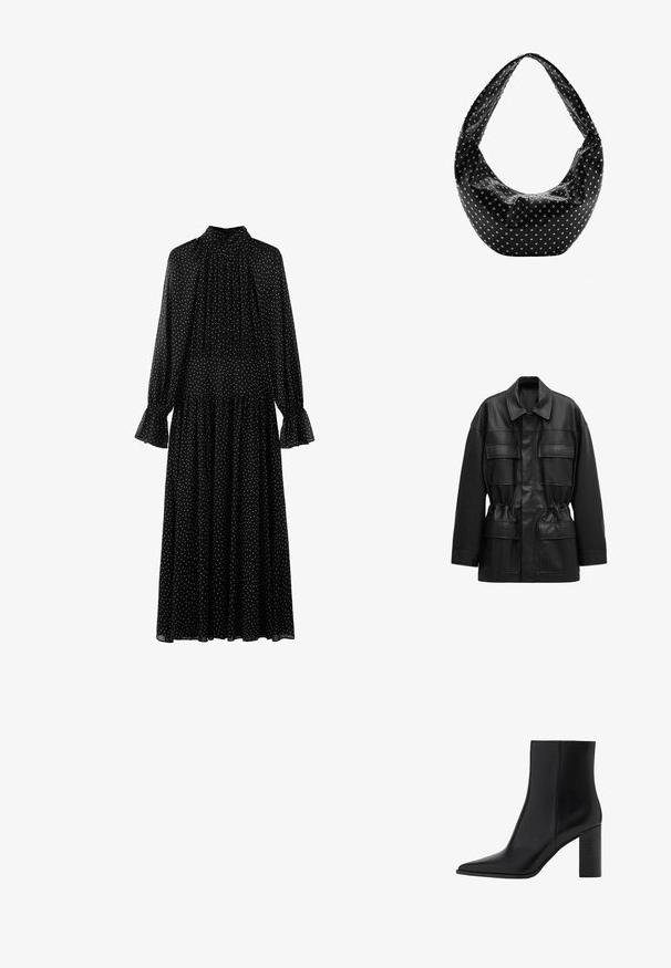 Veste noire en cuir synthétique avec manches longues, quatre poches à rabat sur le devant, taille cintrée et col classique.; Robe midi noire à manches longues avec des pois blancs, col montant, devant plissé et poignets évasés.; Bottine en cuir noir à bout pointu, talon haut carré et finition lisse. Design simple aux lignes épurées, sans éléments métalliques visibles.; Sac à main en cuir noir à la forme souple, orné de clous en argent et doté d'une large bandoulière. Texture lisse avec un design froncé.
