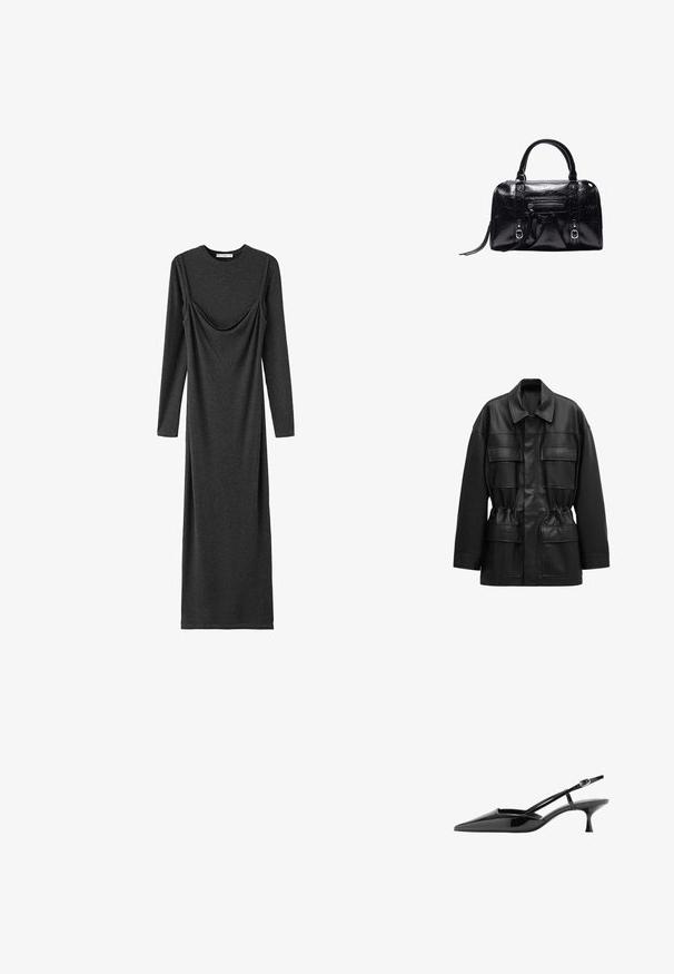 Veste noire en cuir synthétique avec manches longues, quatre poches à rabat sur le devant, taille cintrée et col classique.; Robe longue gris foncé en tissu doux ; comprend des manches longues, un col rond et un détail drapé à l'avant.; Chaussure noire en cuir verni à bout pointu, talon kitten, fine bride à la cheville avec boucle dorée.; Sac à main en cuir noir brillant avec deux poignées, poche zippée à l'avant, détails avec boucle et bandoulière pour poignet sur fond blanc.