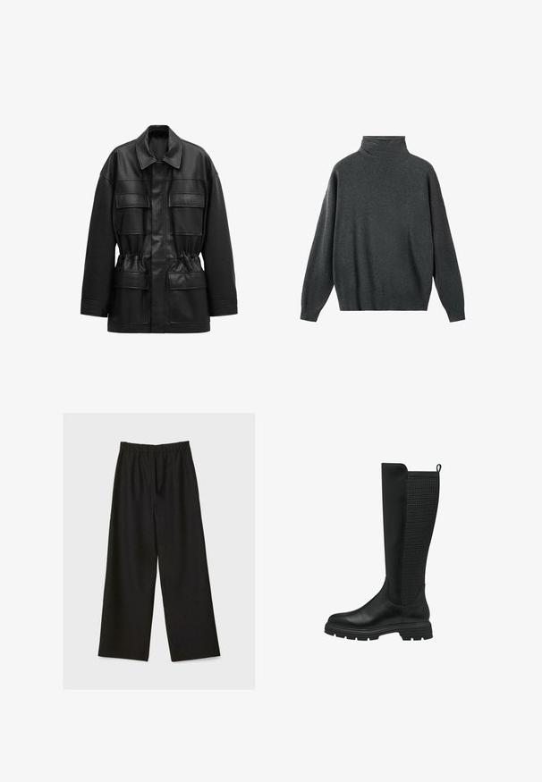 Veste noire en cuir synthétique avec manches longues, quatre poches à rabat sur le devant, taille cintrée et col classique.; Pull à col roulé gris foncé en tissu doux, avec une coupe décontractée, des manches longues, et des poignets et ourlet côtelés. Texture lisse.; Pantalons larges noirs avec taille élastique, présentés à plat sur un fond clair.; Botte noire hauteur genou avec un devant en cuir lisse et un panneau en maille texturée à l'arrière, dotée d'une semelle en caoutchouc et d'une languette pour un enfilage facile.