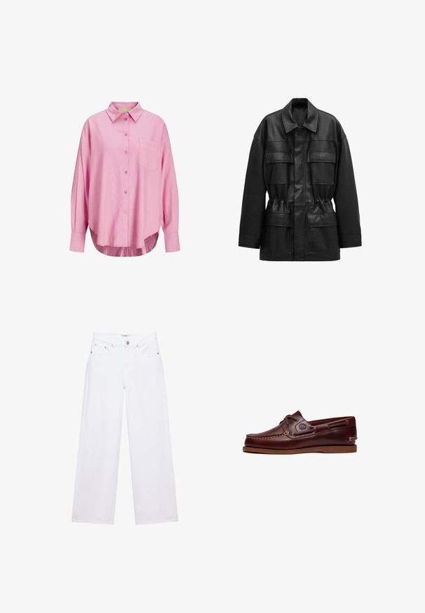 Sort jakke af imiteret læder med lange ærmer, fire lommer med klap foran, en indsnøret talje og en klassisk krave.; Lyserød button-up skjorte med krave, lange ærmer, enkelt brystlomme og en let afrundet kant. Stoffet ser blødt ud.; Hvide jeans med høj talje og vide ben med knap- og lynlåslukning, for- og baglommer samt sølvfarvede nitter som detaljer.; Brun læder bådsko med snørre, syningsdetaljer og Timberland-logo på siden, vist på en hvid baggrund.