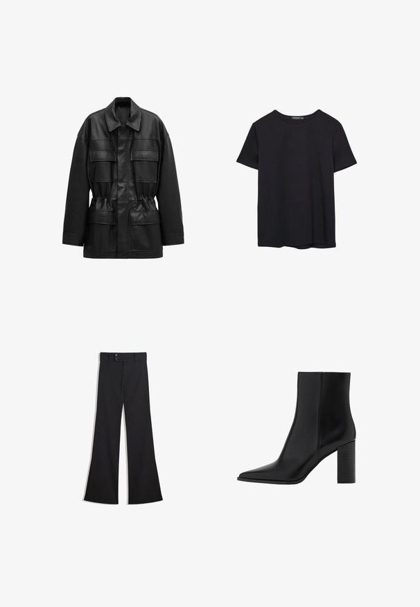 Veste noire en cuir synthétique avec manches longues, quatre poches à rabat sur le devant, taille cintrée et col classique.; T-shirt en coton noir à manches courtes, col rond, présenté sur un fond blanc.; Pantalon noir taille haute à jambes larges avec une taille à double bouton et une fermeture éclair frontale, présenté à plat sur un fond blanc.; Botte chelsea en cuir noir avec un bout pointu, un talon carré, une texture lisse et des détails de couture le long des coutures. Les talons mesurent environ 8,9 cm.