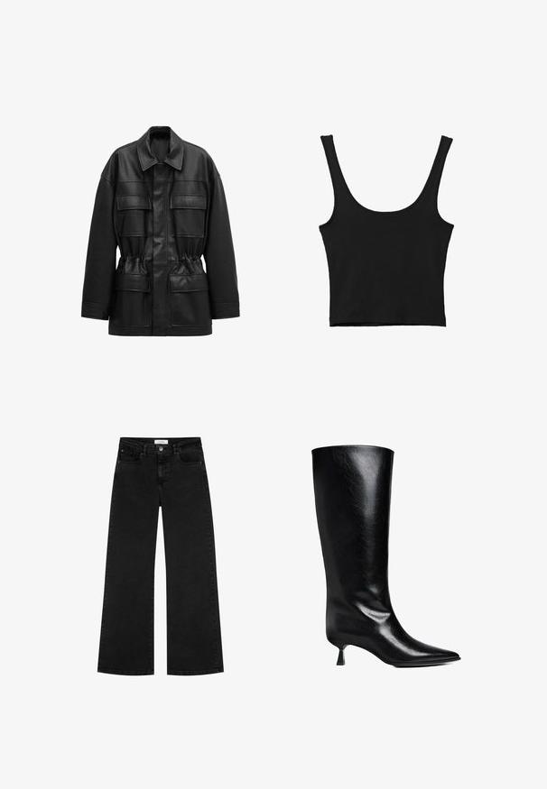 Veste noire en cuir synthétique avec manches longues, quatre poches à rabat sur le devant, taille cintrée et col classique.; Débardeur noir court avec de larges bretelles, fabriqué à partir d'un matériau doux, présentant une texture lisse et un design minimaliste.; Jean large noir taille haute avec poches avant et poches à monnaie, fermeture à bouton et passants de ceinture.; Boot en cuir noir, montant jusqu'au genou, avec un bout pointu, une silhouette élancée et un talon carré bas, le tout avec une finition brillante.