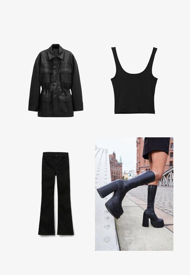 Schwarze Jacke aus Kunstleder mit langen Ärmeln, vier vorderen Klappentaschen, tailliertem Schnitt und klassischem Kragen.; Schwarzes verkürztes Tanktop mit breiten Trägern, aus weichem Material, mit glatter Textur und minimalistischem Design.; Schwarze Schlagjeans aus Denim mit glatter Textur, ausgestattet mit einem Bund mit Knopfverschluss und normalen Taschen.; Schwarze knöchelhohe Plateaustiefel aus glattem Leder, mit dicken quadratischen Absätzen und einem eleganten Design, vor einer Stadtkulisse.