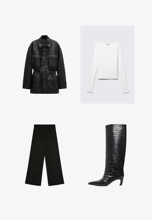 Schwarze Jacke aus Kunstleder mit langen Ärmeln, vier vorderen Klappentaschen, tailliertem Schnitt und klassischem Kragen.; Weißes Langarmoberteil mit einem Überlappungsdesign und einer Tasche. Hergestellt aus einem glatten, elastischen Material. In einem lässigen, entspannten Schnitt.; Schwarze weit geschnittene Hose mit Knopf- und Reißverschluss, Gürtelschlaufen und vorderen Bügelfalten, flach auf weißem Hintergrund liegend.; Schwarzer kniehoher Stiefel mit spitzer Zehe, mittelhohem, geschwungenem Absatz und strukturierter Oberfläche aus Leder mit Krokodilprägung.