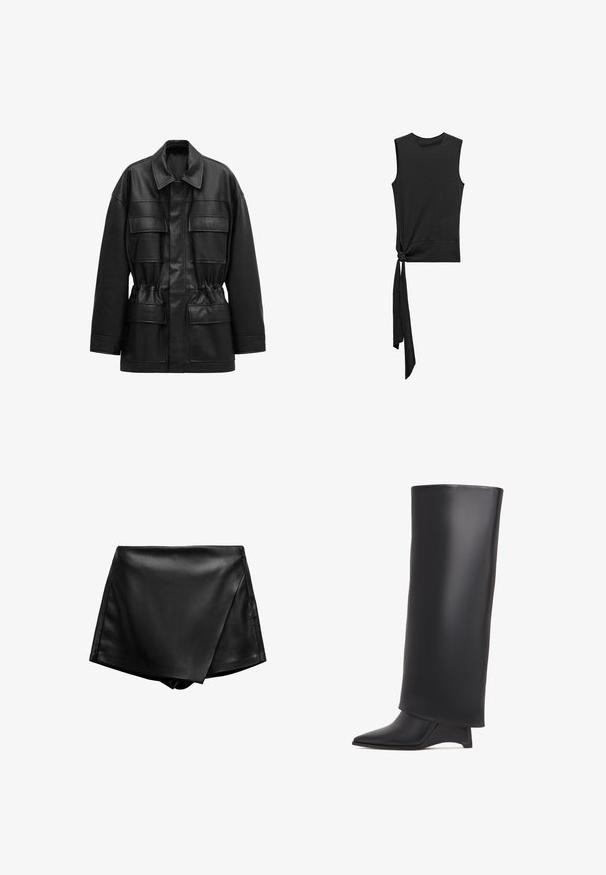 Sort jakke af imiteret læder med lange ærmer, fire lommer med klap foran, en indsnøret talje og en klassisk krave.; Mango Top - black; Sorte faux læder shorts med høj talje, der har et indviklet design og en glat tekstur. Har rene linjer og ingen synlige lukninger.; Sort knælang støvle lavet af glat læder, med spids tå og trekantet hæl. Designet med en strømlinet, glat overdel.