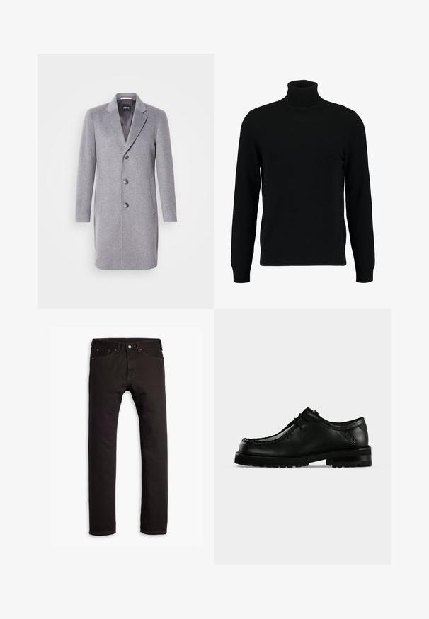 Grå uldfrakke med krave, tre knaplukninger, sidelommer og en glat indvendig foring. Klassisk skræddersyet form.; Sort turtleneck sweater lavet af et blødt strikmateriale. Har lange ærmer, ribbet krave og kant. Enkel, slank design uden mønstre.; Sorte slim-fit jeans med fem lommer og knaplukning, præsenteret fladt på en hvid baggrund.; Sort læder snøresko med tyk gummisål og moc toe-syning, vist fra venstre side på ensartet lys baggrund.