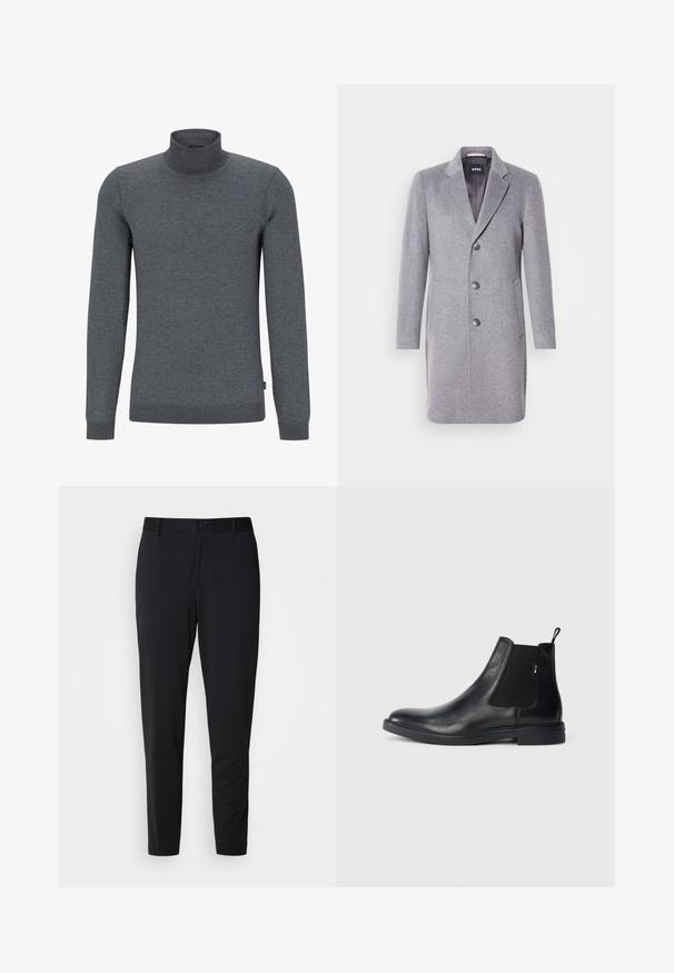 Grå uldfrakke med krave, tre knaplukninger, sidelommer og en glat indvendig foring. Klassisk skræddersyet form.; Grå turtleneck sweater lavet af blødt strikstof. Har lange ærmer, en ribbet krave og en almindelig pasform med en glat tekstur.; Sorte bukser med struktureret stof, der har en lige pasform, standard talje med en knap og sidelommer.; Sorte læder Chelsea støvler med elastiske sidepaneler, en pull-tab og en flad gummisål. Glat tekstur med minimal detaljer.