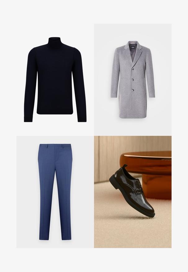 Grå uldfrakke med krave, tre knaplukninger, sidelommer og en glat indvendig foring. Klassisk skræddersyet form.; Mørkeblå turtleneck sweater lavet af fint strikstof, med lange ærmer og en tætsiddende, høj halsudskæring. Ingen synlige mønstre eller detaljer.; Blå skræddersyede herrebukser med bæltestropper, lynlås foran og pressefold, præsenteret mod en hvid baggrund.; Sort skinnende læder snøresko flydende over et beige tæppe med et blankt brunt rundt bord i baggrunden.