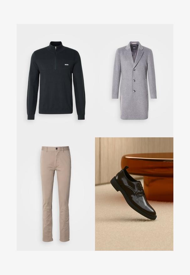 Grijze wollen jas met een revers kraag, drievoudige knoopsluiting, zijzakken en een soepel binnenvoering. Klassieke getailleerde vorm.; Zwarte sweatvest met rits, gemaakt van zachte stof, met een ribbeltextuur op het bovenste gedeelte en een klein wit logo op de borst.; Beige chinos van katoen met een platte voorkant, rechte pijpen en standaard vijf-pocketstijl. Voorzien van een enkele knoopsluiting.; Zwarte glanzende leren veterschoen zwevend boven een beige tapijt met een glanzende bruine ronde tafel op de achtergrond.