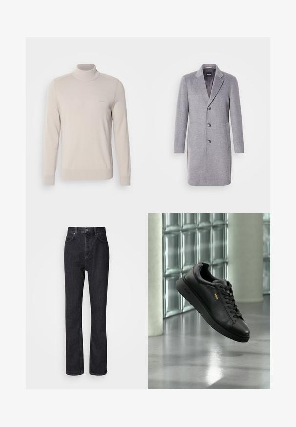 Abrigo de lana gris con cuello de solapa, cierre de tres botones, bolsillos laterales y un forro interior suave. Forma clásica y entallada.; Suéter de cuello alto de un color beige claro, fabricado con un tejido suave. Cuenta con puños y dobladillo acanalados, y un sutil logo en el pecho. Diseño clásico.; Jeans de mezclilla negros de cintura alta con cierre de botón y cremallera, bolsillos frontales y traseros, y corte recto.; Zapatilla deportiva baja de cuero negro con cordones, logo dorado "BOSS" en el lateral, mostrada flotando en interiores contra un fondo de bloques de vidrio y hormigón.