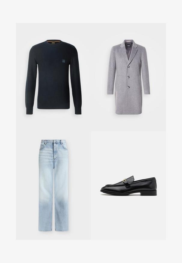 Manteau en laine gris avec un col à revers, fermeture à trois boutons, poches latérales et doublure intérieure lisse. Forme classique et tailleur.; Pull en tricot bleu marine à manches longues, col rond, tissu texturé et un petit logo brodé sur la poitrine.; Jeans bleu clair taille haute à jambes droites, avec poches avant, passants de ceinture et fermeture par bouton.; Mocassins en cuir noir avec un bout arrondi, des accents cousus, un petit talon et un détail en métal doré sur la sangle. Texture lisse dans l'ensemble.