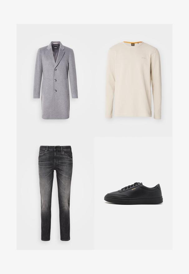 Grauer Wollmantel mit Reverskragen, dreiknöpfiger Verschluss, seitlichen Taschen und glatter Innenfutter. Klassisch taillierte Form.; Helles beige Langarm-T-Shirt aus strukturiertem Stoff. Mit Rundhalsausschnitt und einem kleinen Logo auf der Brust, das einen orangefarbenen Akzent im Kragen aufweist.; Schwarze Jeans aus Denim mit einem verblassten Finish, Fünf-Taschen-Design, Knopfverschluss, geradem Bein und sichtbaren Nähte.; Schwarze Leder-Sneaker mit glatter Textur, runder Zehenpartie, flacher Gummisohle und einfarbigen Schnürsenkeln. Mit goldfarbenem "BOSS" Logo an der Seite.