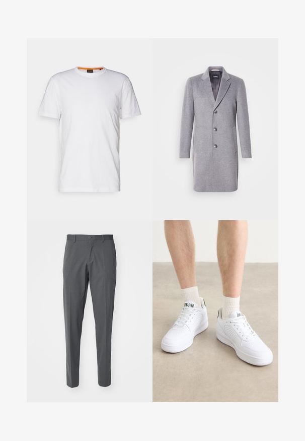 Grå uldfrakke med krave, tre knaplukninger, sidelommer og en glat indvendig foring. Klassisk skræddersyet form.; Hvid bomulds T-shirt med rund hals, korte ærmer og et subtilt præget logo på brystet. Indvendigt mærke har en orange detalje.; Grå bukser lavet af et glat stof, der har en knaplukning, forlommer og en slim fit-design.; Hvide sportssko med perforerede detaljer, snørebånd og tykke gummisåler. Parret med lyse cremede ribbede sokker for kontrast.