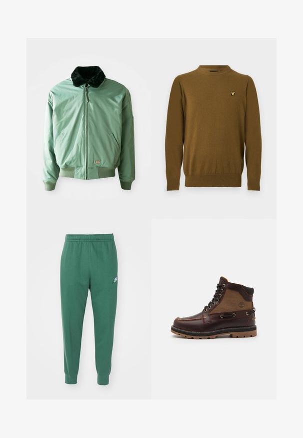 Grøn bomberjakke med en sort faux fur-krave, lynlås-lukning, ribbede manchetter og talje samt sidelommer. Glat, skinnende stof.; Brun langærmet crewneck-trøje med ribstrikkede manchetter og kant, med en lille gul fuglelogo på venstre bryst.; Nike Sportswear CLUB JGGR - Træningsbukser - fir/white; Brun læderstøvle med et lysebrunt stofpanel, rund tå, metaløjer, sort gummisål og sy detaljer. Har et forhøjet logo på siden.
